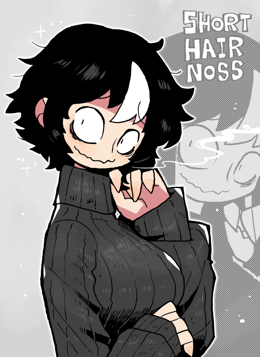 1girl, absurdres, alternate_hair_length, alternate_hairstyle, black_hair, blush, breasts, closed_mouth