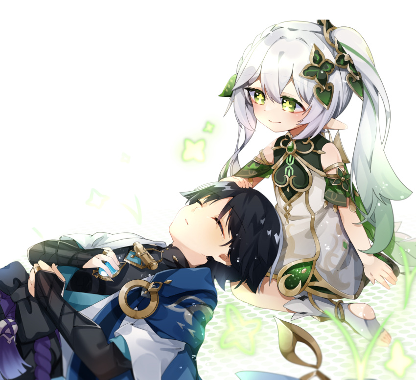 1boy, 1girl, bangs, black_hair, bridal_gauntlets, commentary_request, detached_sleeves, dress