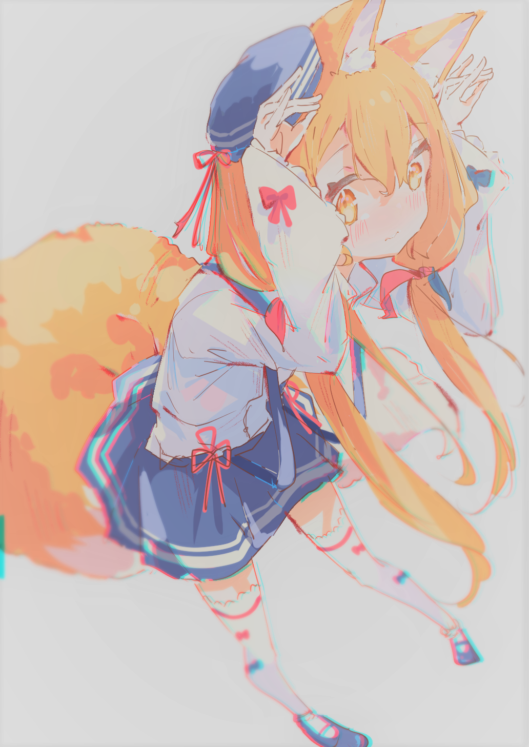 1girl, animal_ear_fluff, animal_ears, bangs, beret, black_footwear, blonde_hair, blue_headwear, blue_skirt, blush, c4_art, closed_mouth, commentary, double_fox_shadow_puppet, english_commentary, fox_ears, fox_girl, fox_shadow_puppet, fox_tail, full_body, hair_between_eyes, hat, hat_ribbon, highres, long_hair, long_sleeves, looking_at_viewer, mary_janes, original, red_ribbon, ribbon, shirt, shoes, sidelocks, simple_background, skirt, solo, suspender_skirt, suspenders, tail, thigh-highs, very_long_hair, white_background, white_shirt, white_thighhighs, yellow_eyes