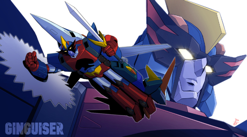 character_name, chougattai_majutsu_robo_ginguiser, ginguiser, glowing, glowing_eyes, holding, holding_sword, holding_weapon