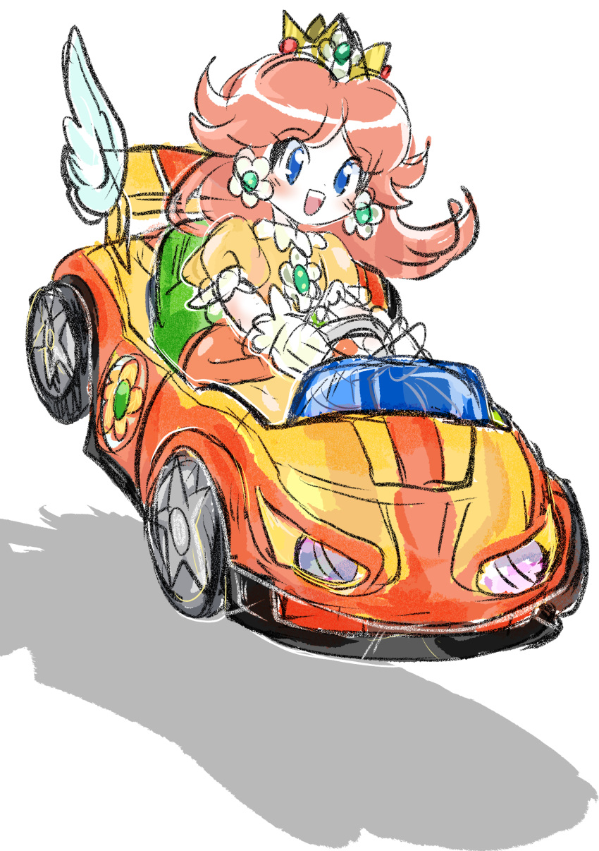 1girl, absurdres, blue_eyes, brown_hair, car, crown, dress, driving