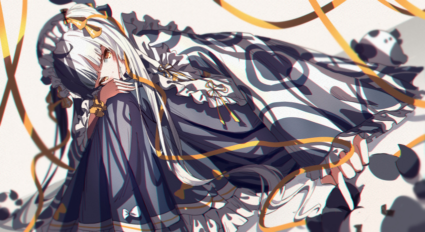 1girl, animal_ears, bangs, black_dress, black_hair, black_horns, blush, c4_art