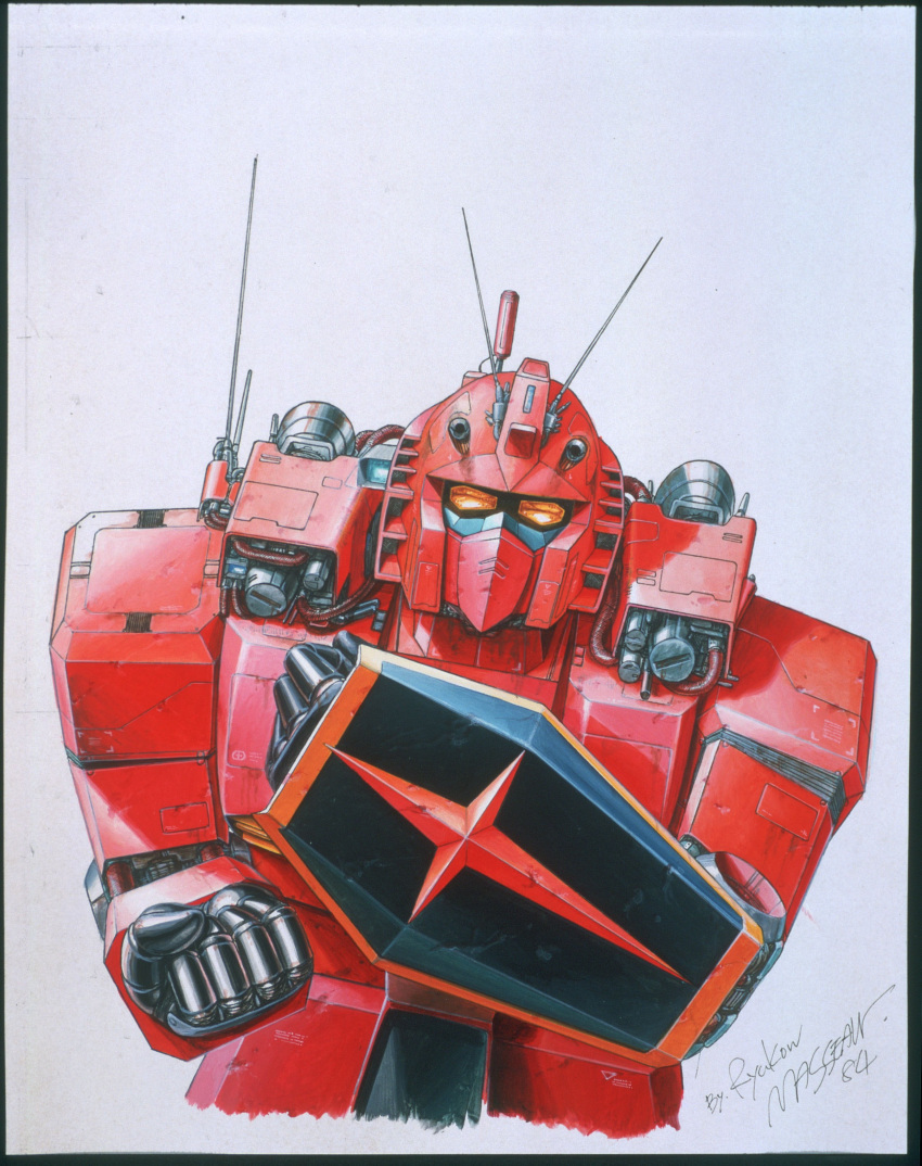 1984_(year), absurdres, artist_name, clenched_hands, gundam, gundam_msv, highres, leaning_to_the_side, mecha, orange_eyes, radio_antenna, robot, rx-78-2_gundam_casval_custom, ryukow_masseau, shield, solo, traditional_media, upper_body, white_background