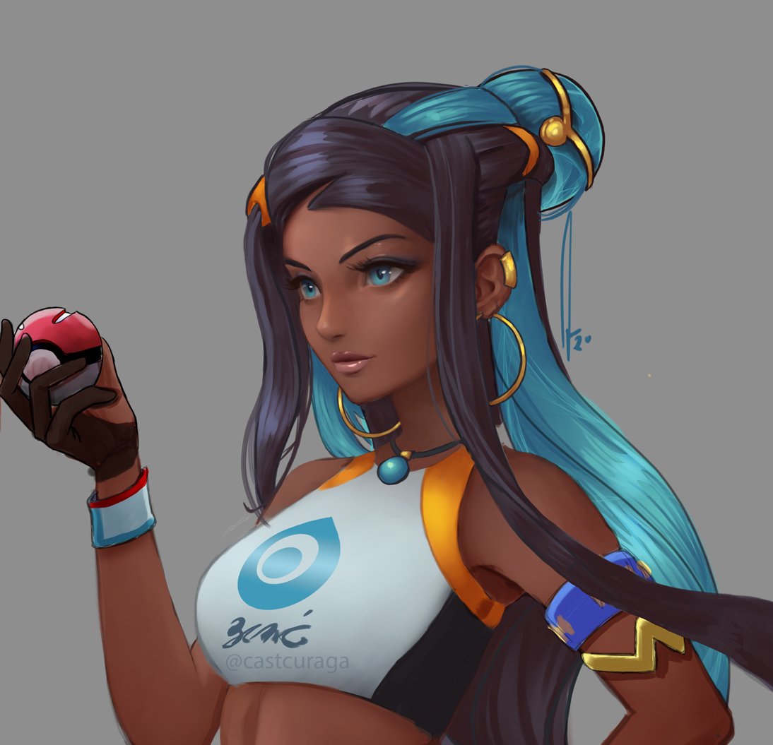 1girl, armlet, artist_name, bangs, bare_shoulders, black_hair, blue_eyes, blue_hair, breasts, closed_mouth, commentary, dark-skinned_female, dark_skin, earrings, gloves, grey_background, hair_ornament, hairclip, hand_up, holding, hoop_earrings, jewelry, justin_paul, lips, long_hair, multicolored_hair, necklace, nessa_(pokemon), poke_ball, pokemon, pokemon_(game), pokemon_swsh, signature, simple_background, sleeveless, small_breasts, solo, tank_top, two-tone_hair, upper_body