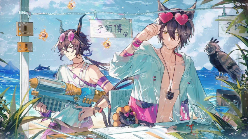 2boys, animal_ears, arknights, beach, bead_bracelet, beads, bird, black_cat, black_hair, bracelet, cat, cat_ears, choro-nakini, cutting_board, ebenholz_(arknights), eyewear_on_head, fish, goat_horns, heart, heart-shaped_eyewear, highres, horns, jacket, jewelry, long_hair, male_focus, multiple_boys, necklace, off_shoulder, open_clothes, open_jacket, phantom_(arknights), super_soaker, violet_eyes, yellow_eyes