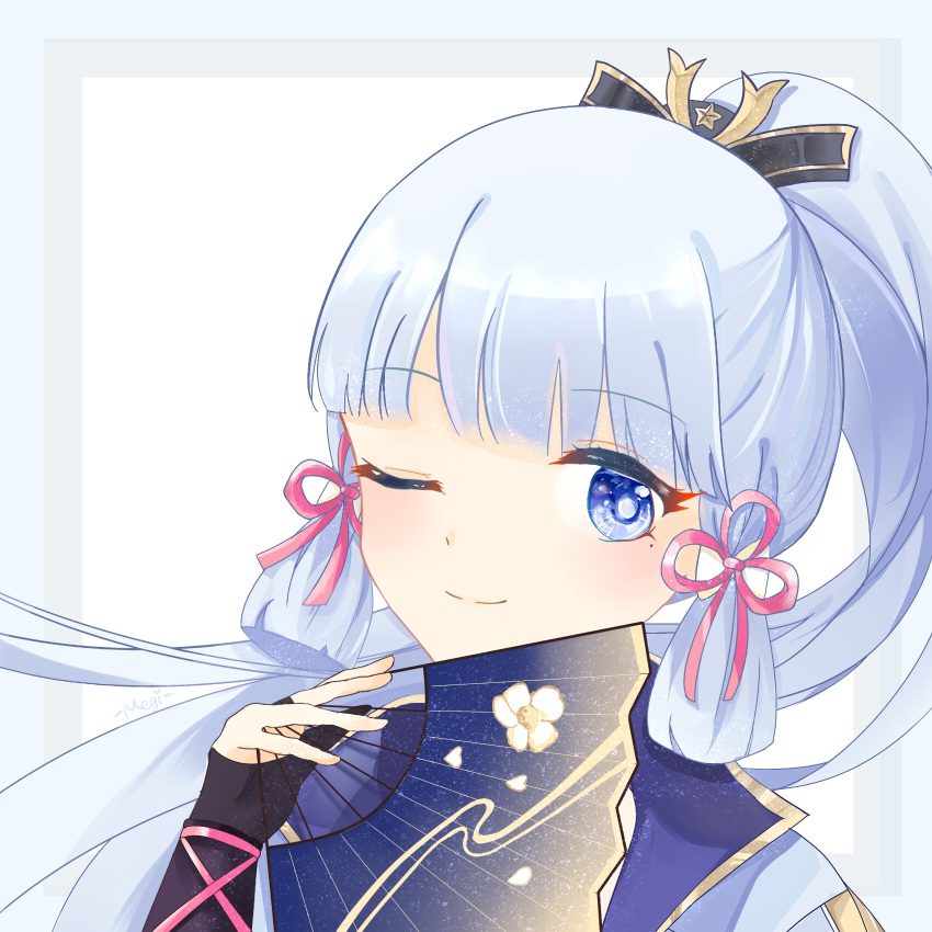 1girl, bangs, black_bridal_gauntlets, blue_eyes, blue_hair, blue_jacket, blunt_bangs, bridal_gauntlets