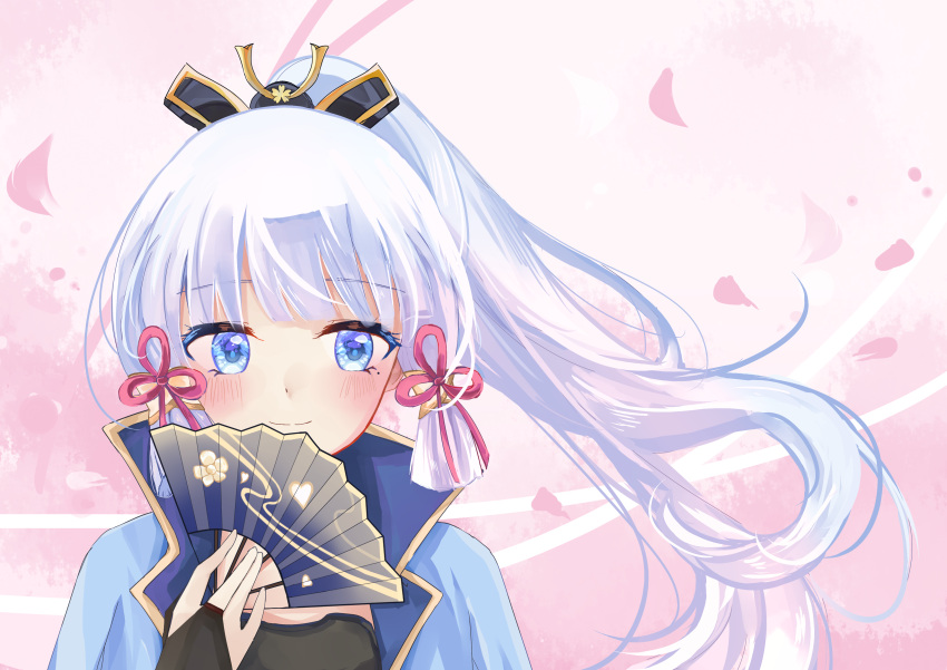 1girl, absurdres, aqua_eyes, bangs, black_shirt, blue_eyes, blue_hair, blue_jacket, blunt_bangs, blunt_tresses, blush, clothing_request, collar_up, fake_horns, floating_hair, folding_fan, genshin_impact, gold_trim, hair_ribbon, hand_fan, headgear, highres, holding, holding_fan, horns, jacket, kamisato_ayaka, light_blue_hair, long_hair, megi_(pixiv12937317), petals, pink_background, pink_ribbon, ponytail, ribbon, shirt, smile, solo, two-tone, white_background