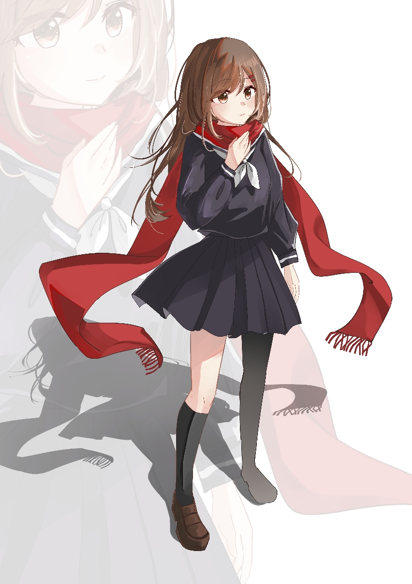 1girl, asymmetrical_legwear, black_serafuku, black_skirt, black_socks, brown_eyes, brown_hair, enpera, floating_scarf, hair_between_eyes, hair_ornament, hairpin, hand_on_own_chest, kagerou_project, kneehighs, long_hair, long_sleeves, megi_(pixiv12937317), mekakucity_actors, mismatched_legwear, multiple_hairpins, neckerchief, pleated_skirt, red_scarf, scarf, school_uniform, serafuku, shadow, single_kneehigh, single_sock, single_thighhigh, skirt, sleeve_cuffs, socks, solo, tateyama_ayano, thigh-highs, white_background, white_neckerchief, zoom_layer