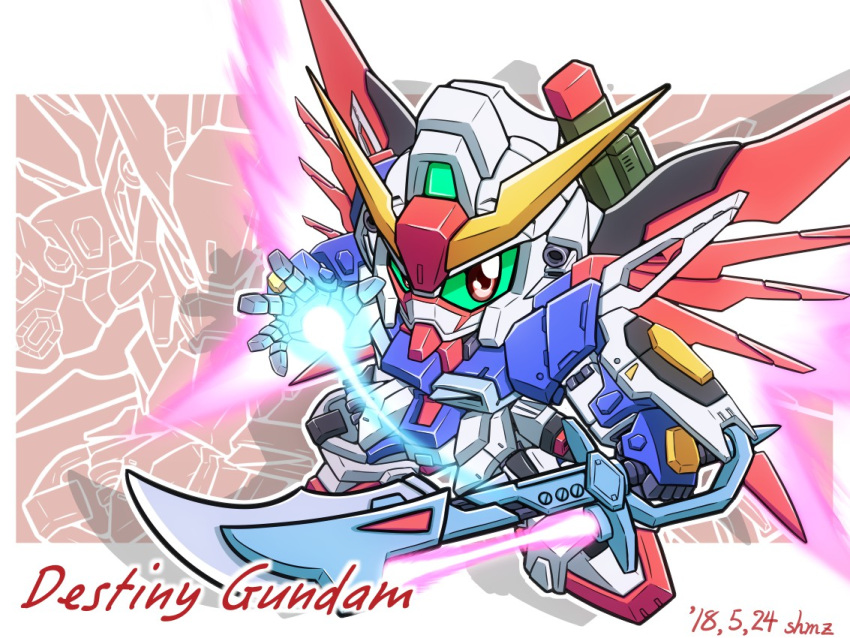 artist_name, character_name, chibi, colored_sclera, commentary, dated, destiny_gundam, energy_sword