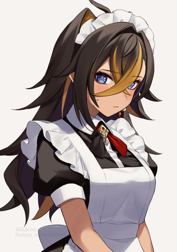 ahoge, alternate_costume, apron, bangs, black_dress, black_hair, blue_eyes, blush