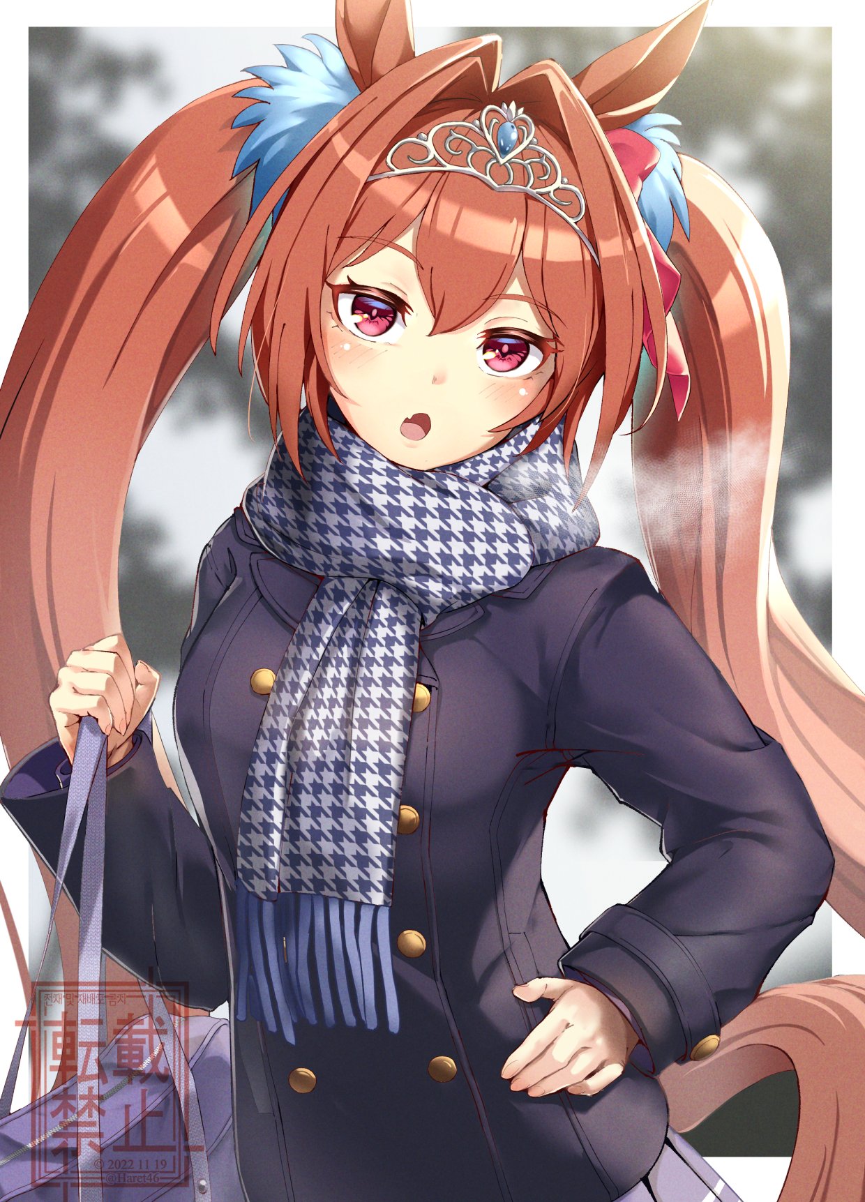 1girl, animal_ears, bag, black_jacket, blue_scarf, blue_skirt, blurry, blurry_background