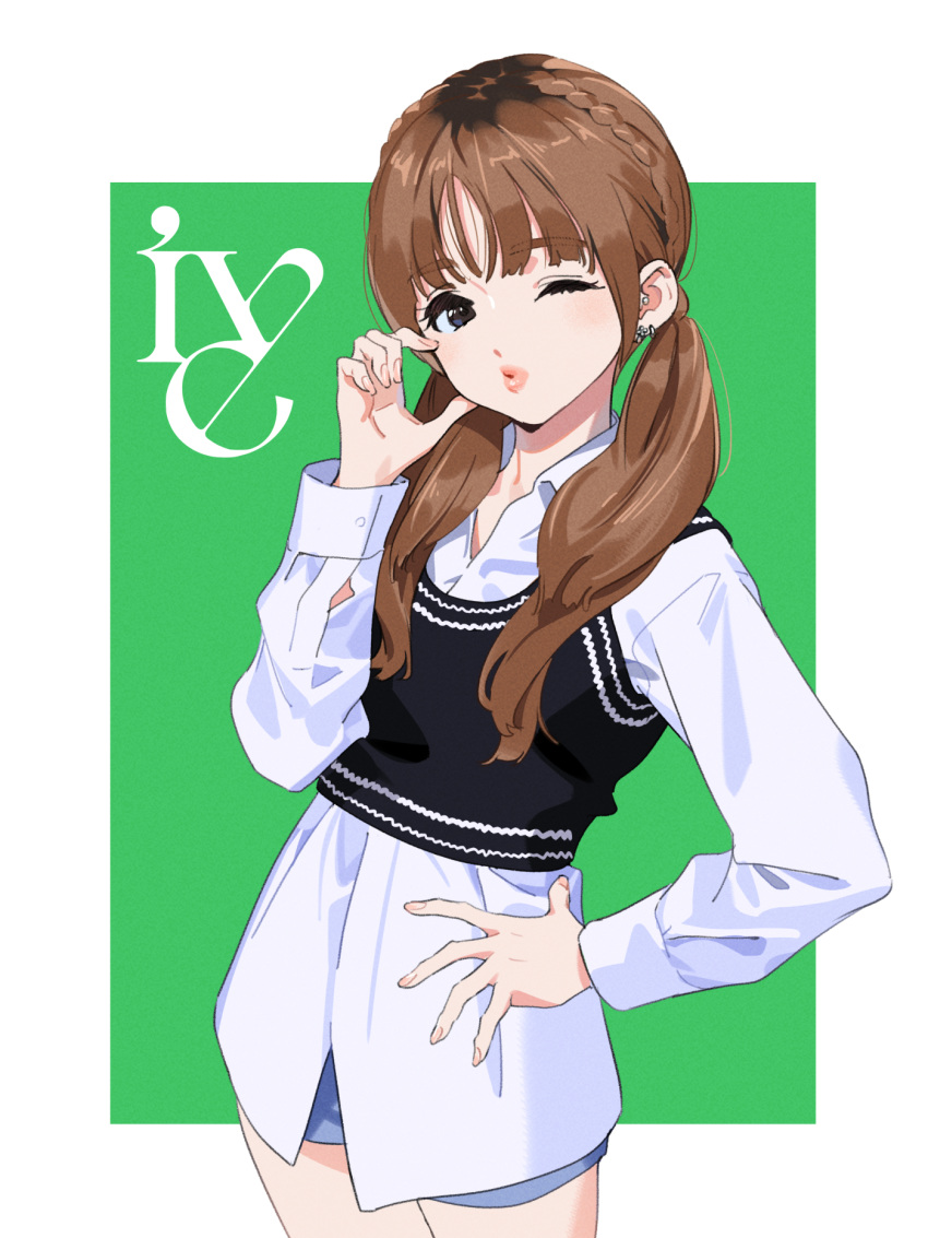 1girl, black_eyes, blue_shorts, braid, brown_hair, contrapposto, cowboy_shot, ear_piercing, earrings, hand_on_hip, highres, ive_(group), jewelry, k-pop, kamo_kamen, one_eye_closed, piercing, rei_(ive), shorts, solo, twintails