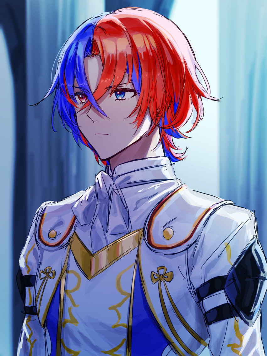 1boy, alear_(fire_emblem), alear_(fire_emblem)_(male), ascot, bangs, blue_eyes, blue_hair, closed_mouth