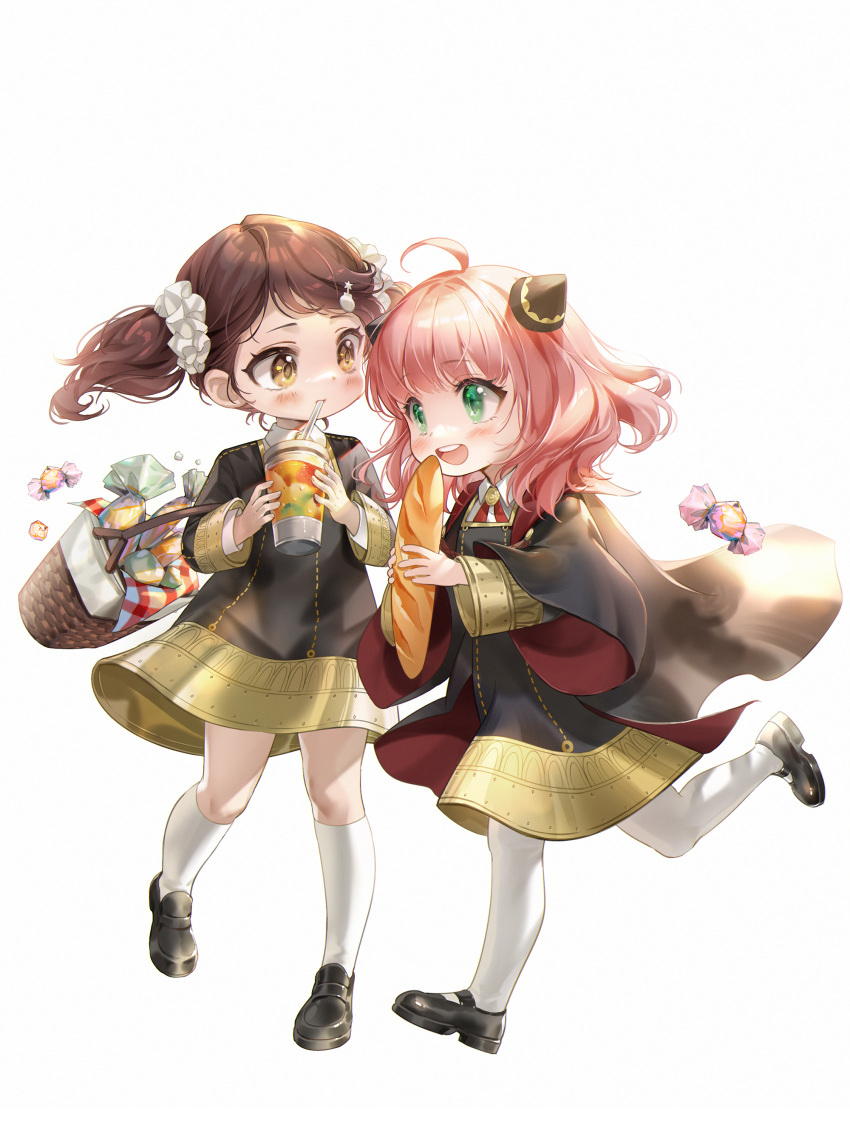 2girls, absurdres, ahoge, anya_(spy_x_family), baguette, bangs, basket, becky_blackbell