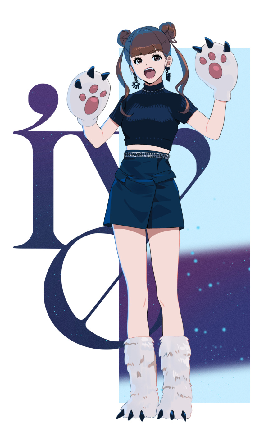 1girl, animal_hands, bangs, black_skirt, brown_eyes, brown_hair, crop_top, double_bun