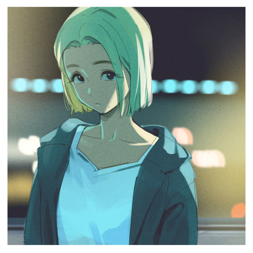 1girl, black_eyes, blonde_hair, blurry, bokeh, border, collarbone, depth_of_field, film_grain, gaeul_(ive), highres, hood, hoodie, ive_(group), k-pop, kamo_kamen, medium_hair, solo, upper_body, white_border