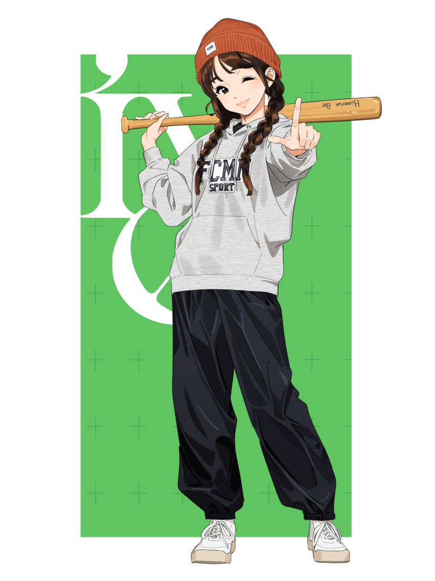1girl, baseball_bat, beanie, black_eyes, braid, breasts, brown_hair, full_body
