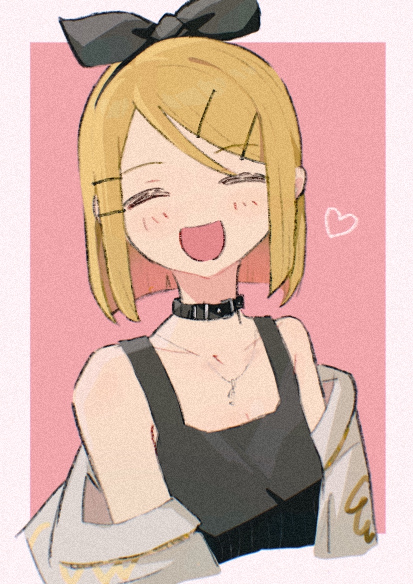1girl, ^_^, bangs, bare_shoulders, black_bow, black_choker, black_hairband, blonde_hair