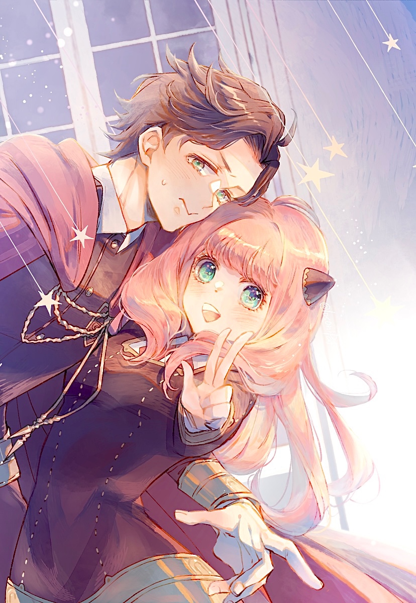 1boy, 1girl, aged_up, anya_(spy_x_family), bangs, blush, brown_hair, cape, closed_mouth, damian_desmond, eden_academy_uniform, gold_trim, green_eyes, hairpods, highres, long_hair, long_sleeves, losonipaf, open_mouth, parted_bangs, pink_hair, school_uniform, spy_x_family, star_(symbol), sweatdrop