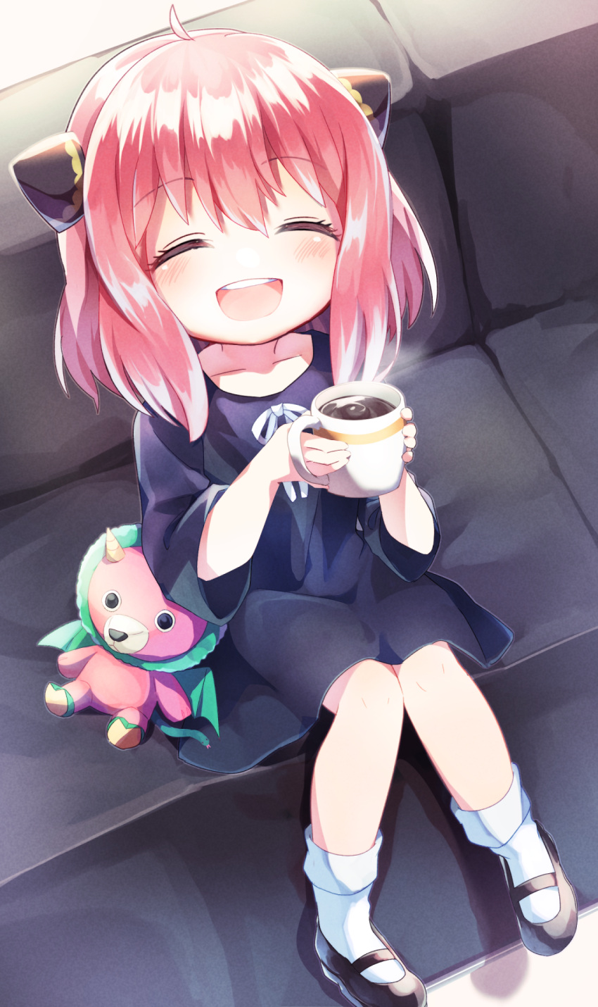 1girl, anya_(spy_x_family), bangs, blush, child, closed_eyes, couch, cup