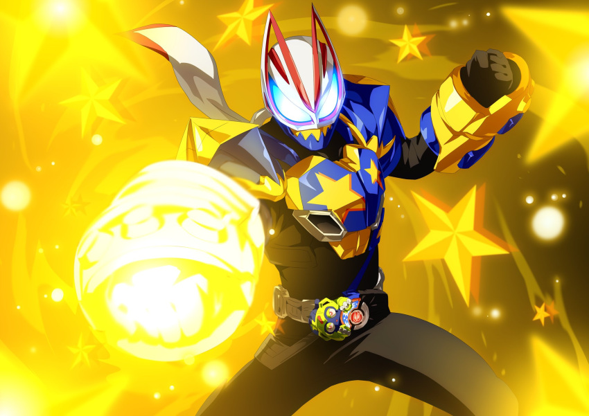1boy, black_background, black_bodysuit, blue_armor, blue_eyes, bodysuit, boxing_gloves, brass_knuckles