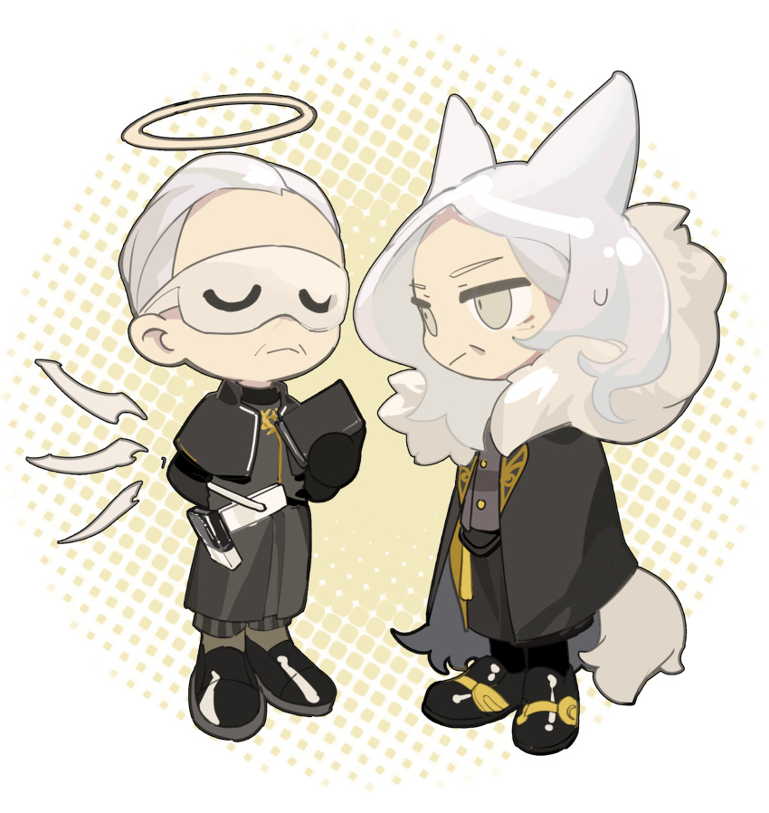 1boy, 1girl, absurdres, agenir_(arknights), animal_ears, arknights, black_capelet, black_footwear, black_gloves, black_jacket, black_skirt, book, brown_wings, capelet, closed_mouth, detached_collar, gloves, grey_eyes, grey_hair, grey_shirt, halo, highres, holding, holding_book, jacket, long_hair, open_jacket, shirt, shoes, signora_sicilia_(arknights), skirt, sopen_clothes, sweat, tail, tangguanguanguanguanguanguan, wings