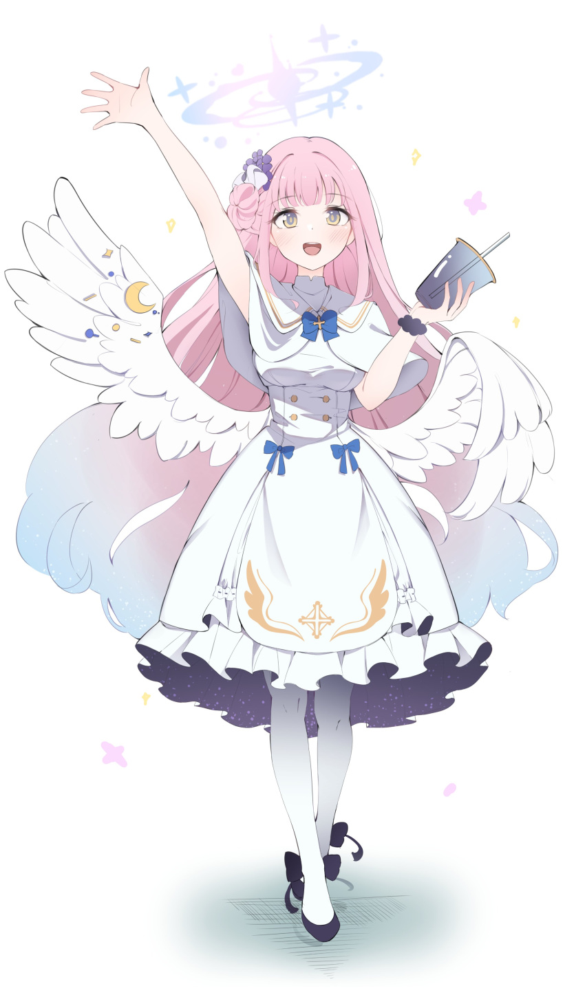 1girl, :d, absurdres, arm_up, black_footwear, blue_archive, blue_bow, blue_bowtie