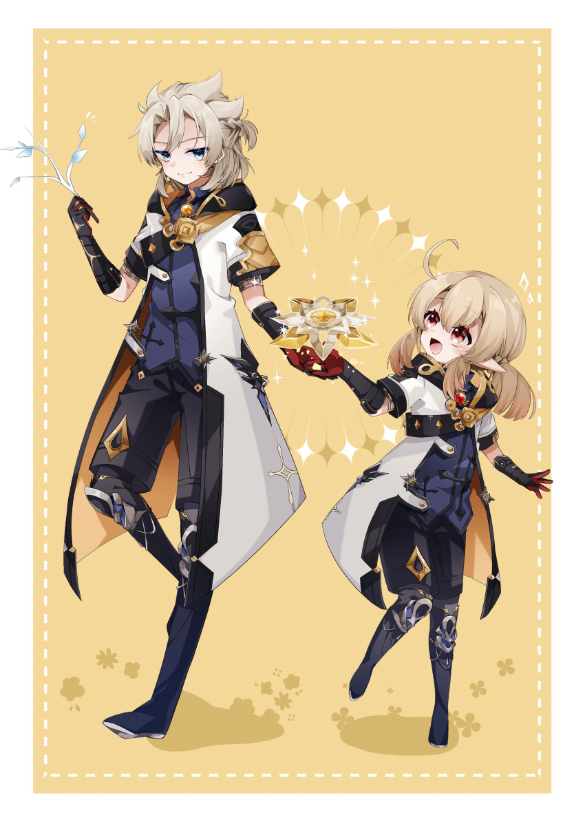 1boy, 1girl, absurdres, albedo_(genshin_impact), bangs, black_gloves, black_shorts, blonde_hair