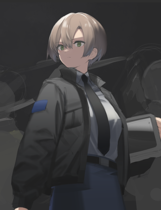1girl, bangs, black_jacket, black_necktie, blue_skirt, brown_hair, closed_mouth, collared_shirt