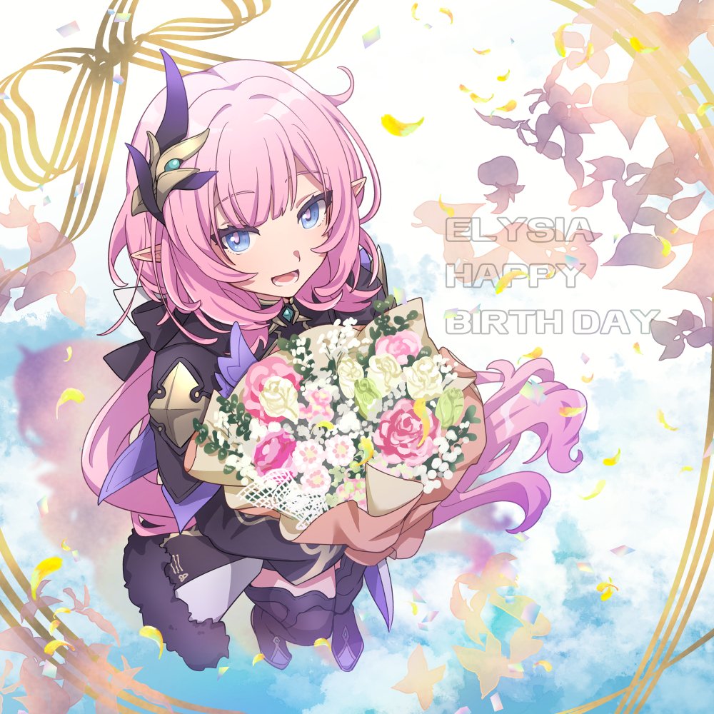 1girl, :d, bangs, black_footwear, blue_eyes, boots, bouquet, character_name
