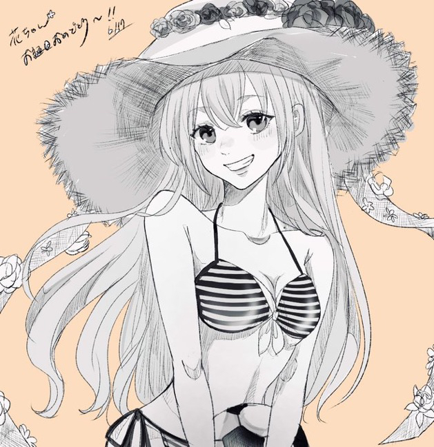 1girl, ao_ashi, ball, bikini, breasts, collarbone, flower, hat, hat_flower, ichijou_hana, izumi_(pesa), long_hair, monochrome, navel, simple_background, small_breasts, soccer_ball, solo, standing, straw_hat, striped, striped_bikini, sun_hat, swimsuit