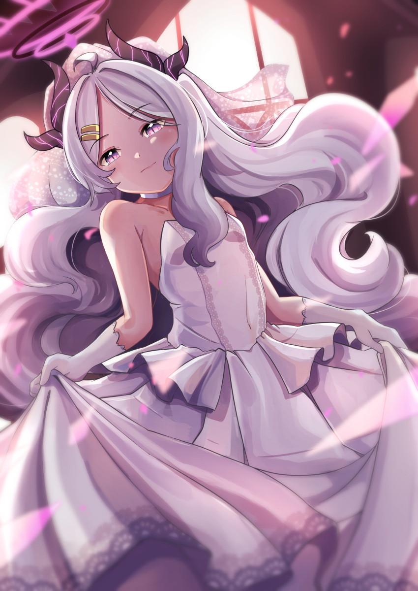 1girl, absurdres, alternate_costume, bangs, blue_archive, blurry, bridal_veil, clothes_lift