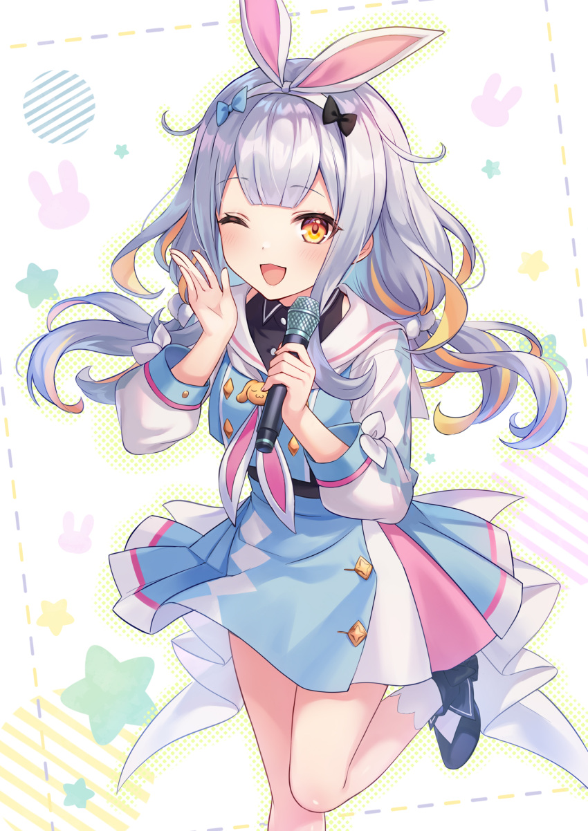 ;d, animal_ears, bangs, black_bow, black_footwear, blonde_hair, blue_bow, blue_dress