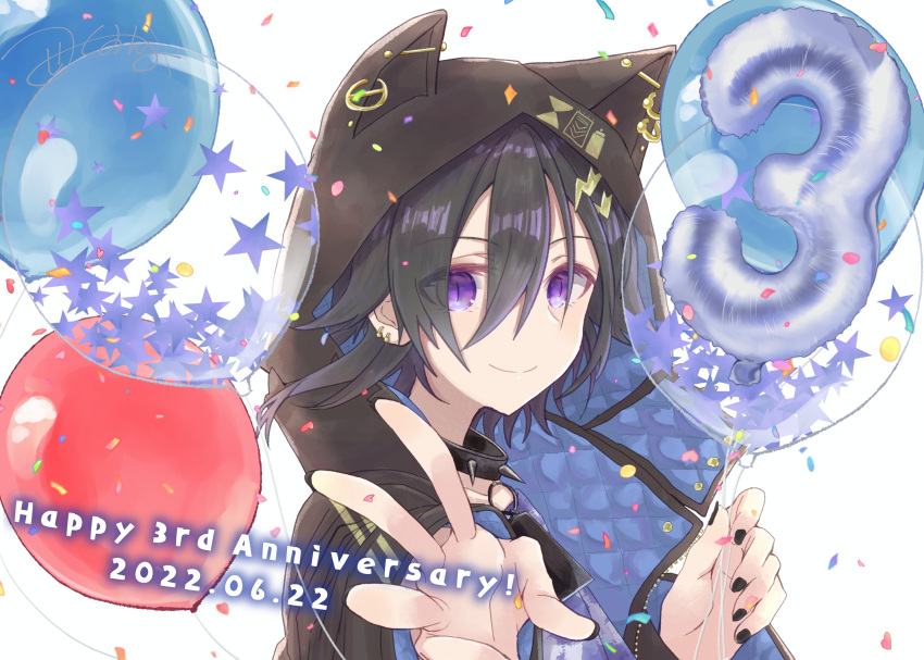1boy, absurdres, animal_hood, anniversary, balloon, black_collar, black_hair, black_jacket