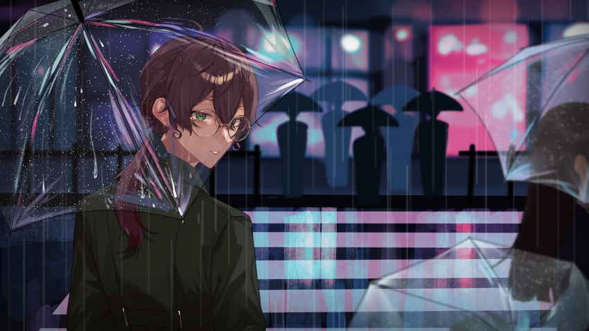 1boy, absurdres, albert_parker, amazaki_umu, brown_hair, crosswalk, earrings, from_behind, glasses, green_jacket, hair_between_eyes, highres, holding, holding_umbrella, indie_virtual_youtuber, jacket, jewelry, long_hair, looking_at_viewer, looking_back, low_ponytail, male_focus, official_art, parted_lips, rain, round_eyewear, solo_focus, stud_earrings, transparent, transparent_umbrella, umbrella, upper_body, yellow-framed_eyewear