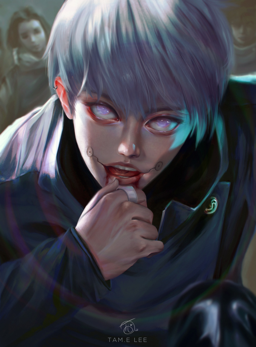 1boy, absurdres, artist_name, ear_piercing, facial_tattoo, grey_eyes, grey_hair, highres