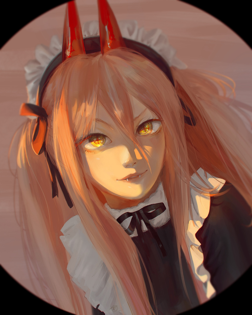 1girl, absurdres, black_ribbon, chainsaw_man, fangs, highres, horns, light_brown_hair, looking_at_viewer, maid_headdress, portrait, power_(chainsaw_man), red_horns, ribbon, solo, sunlight, tamelee, upper_body, yellow_eyes