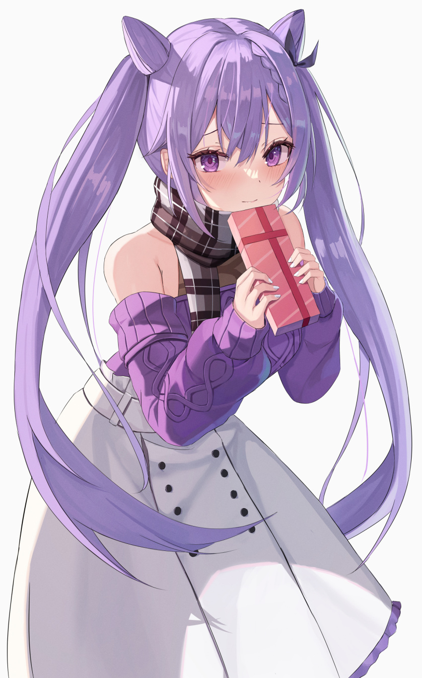 1girl, absurdres, bangs, blush, box, commentary_request, cone_hair_bun, contemporary