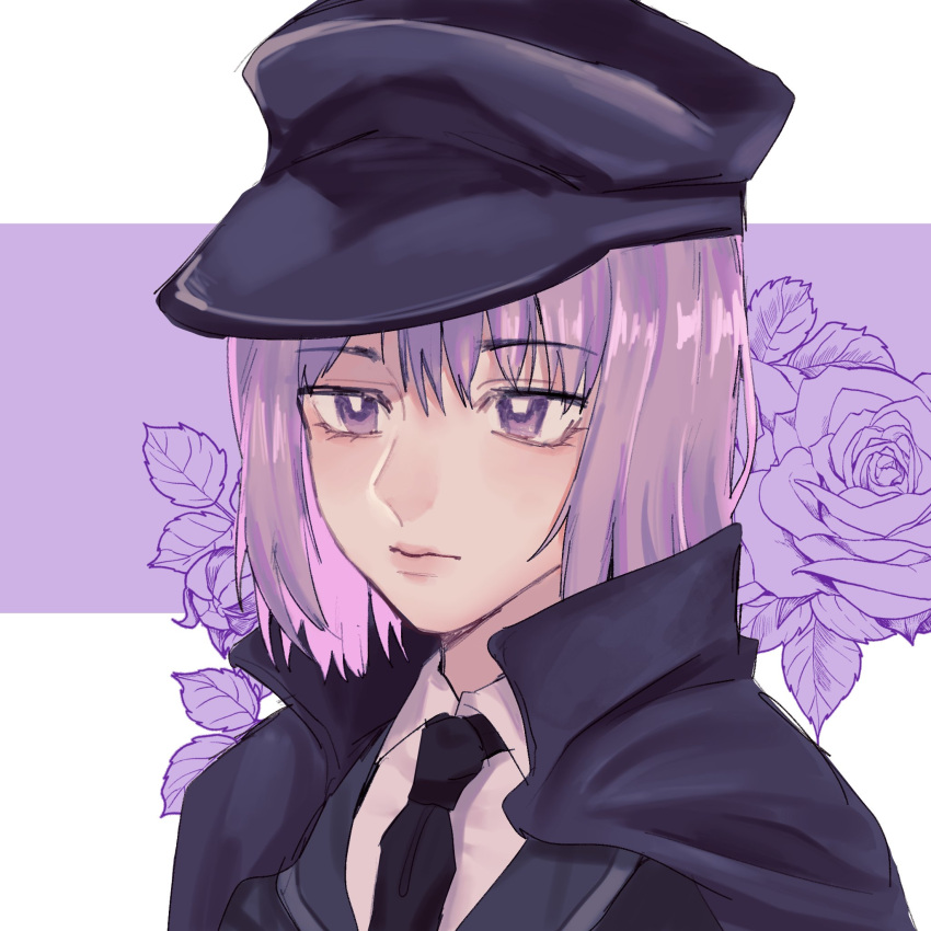 1girl, akaakaakaakashio, bangs, black_cape, black_headwear, black_jacket, black_necktie, cape