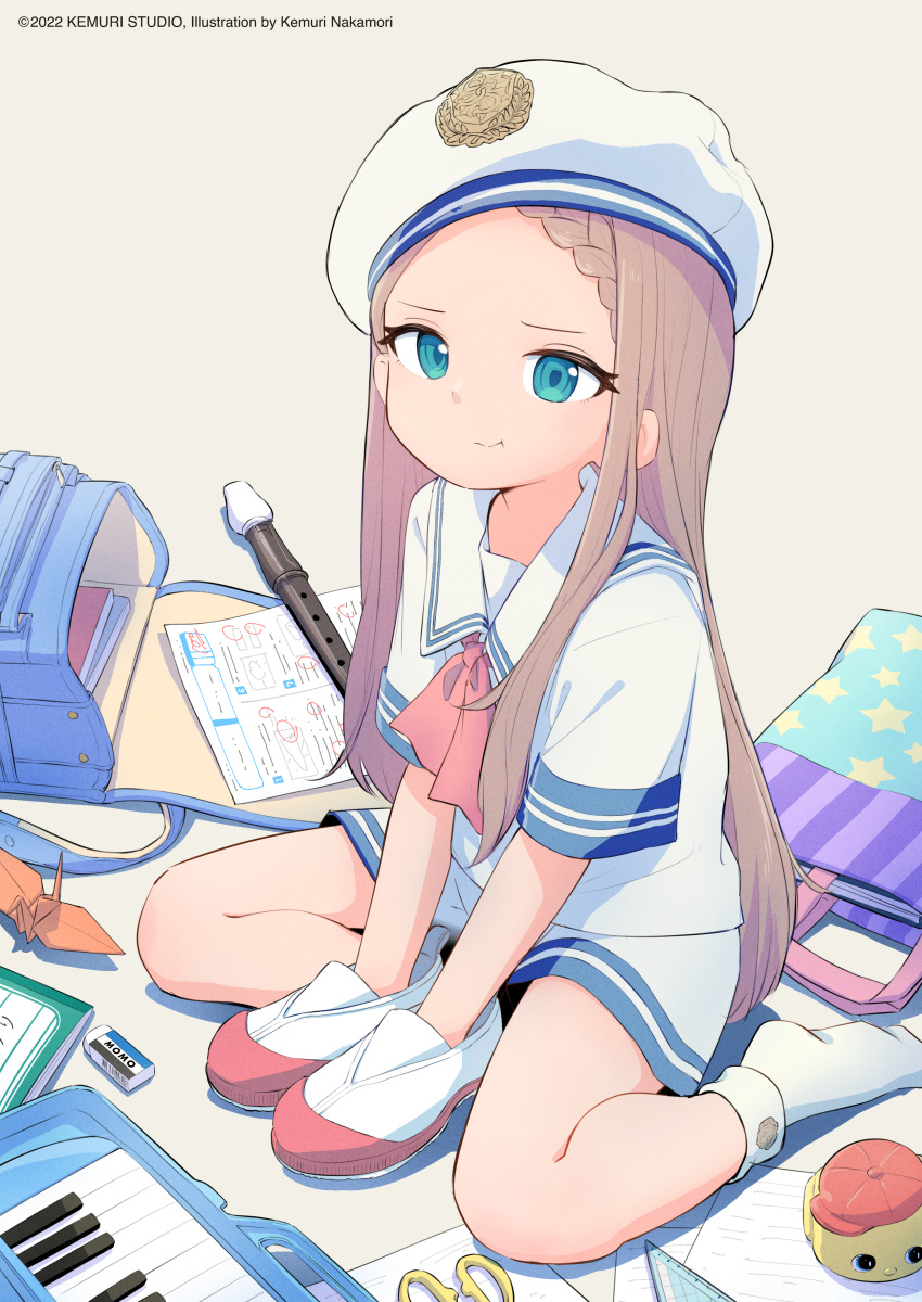 1girl, absurdres, backpack, bag, beret, blue_eyes, eraser, flute