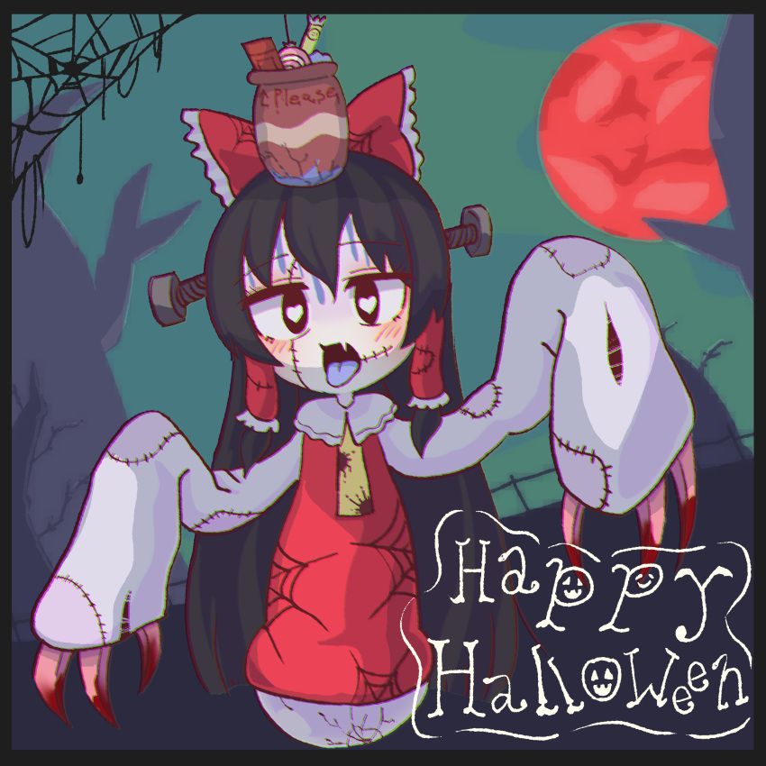 1girl, bangs, black_eyes, black_hair, blood, blue_tongue, blush, bow, candy, chromatic_aberration, claws, collared_dress, colored_tongue, commentary_request, cookie_(touhou), dress, fang, food, frilled_bow, frilled_hair_tubes, frills, full_body, hair_bow, hair_tubes, hakurei_reimu, halloween, happy_halloween, heart, heart-shaped_pupils, highres, hotaruda_(cookie), long_hair, looking_at_viewer, moon, necktie, open_mouth, pale_skin, patchwork_clothes, psychic_parrot, red_bow, red_dress, red_moon, screw_in_head, silk, skin_fang, solo, spider_web, stitches, symbol-shaped_pupils, tongue, tongue_out, touhou, yellow_necktie