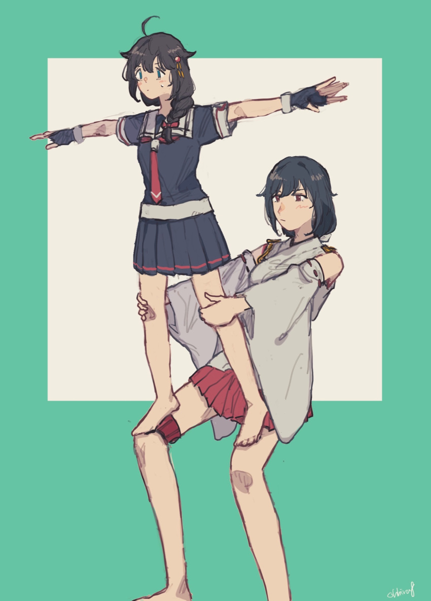 ahoge, balancing, barefoot, black_gloves, black_hair, black_serafuku, black_shirt, black_skirt, blue_eyes, braid, detached_sleeves, fingerless_gloves, gloves, hair_flaps, hair_ornament, hair_over_shoulder, headgear, highres, japanese_clothes, kantai_collection, medium_hair, neckerchief, oohira_hachi, outstretched_arms, red_eyes, red_neckerchief, red_skirt, sailor_collar, school_uniform, serafuku, shigure_(kancolle), shigure_kai_ni_(kancolle), shirt, single_braid, skirt, white_sailor_collar, wide_sleeves, yamashiro_(kancolle)