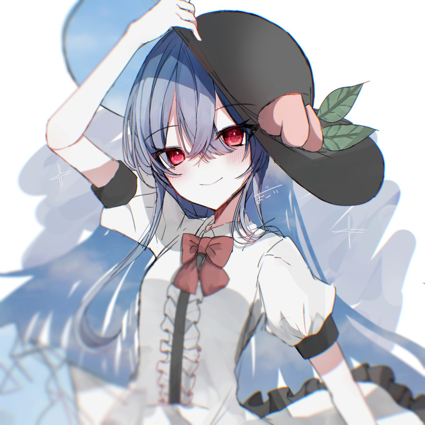 1girl, black_headwear, blue_hair, bow, bowtie, center_frills, closed_mouth, food