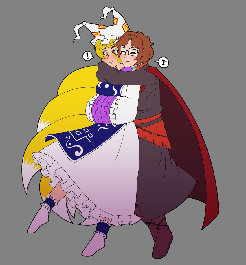 !, 1boy, 1girl, aimturein, blonde_hair, brown_footwear, brown_hair, cape