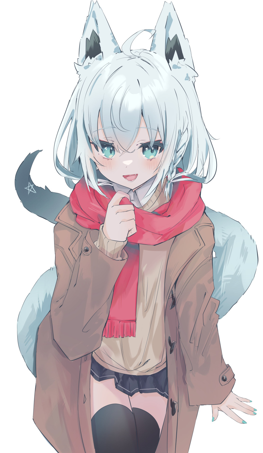 1girl, absurdres, ahoge, animal_ear_fluff, animal_ears, bangs, black_skirt, black_thighhighs