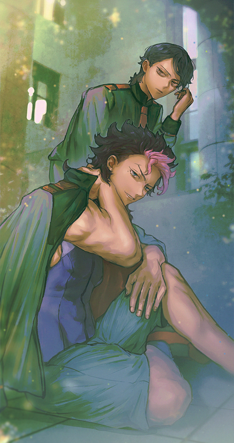2boys, black_hair, blue_eyes, brown_eyes, guel_jeturk, gundam, gundam_suisei_no_majo, hand_up