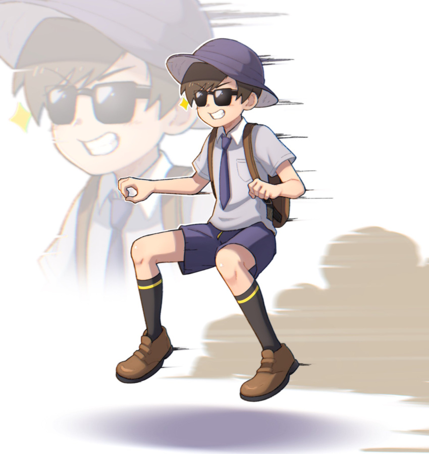 1boy, backpack, bag, bangs, blush, breast_pocket, brown_bag, brown_footwear, brown_hair, commentary, florian_(pokemon), full_body, grin, hat, highres, knees, male_focus, motion_blur, necktie, pocket, pokemon, pokemon_(game), pokemon_sv, purple_necktie, purple_shorts, shirt, shoes, short_hair, short_sleeves, shorts, smile, socks, sparkle, sunglasses, tama!_(lazyturtle), teeth, zoom_layer