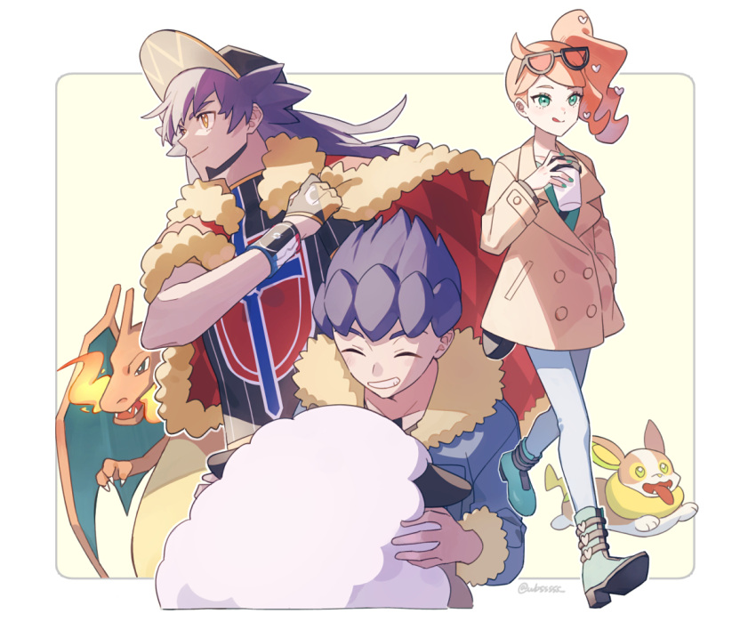 1girl, 2boys, :q, baseball_cap, blue_jacket, boots, border, brown_coat