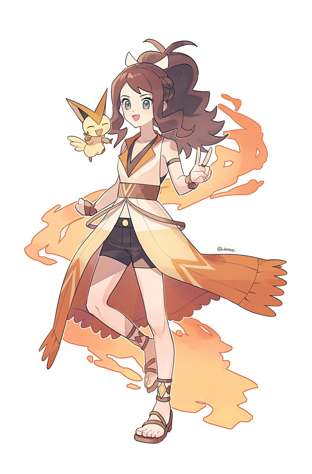 1girl, :d, antenna_hair, bangs, brown_footwear, brown_hair, coat, commentary_request, eyelashes, full_body, hair_ribbon, high_ponytail, highres, hilda_(pokemon), hilda_(sygna_suit)_(pokemon), jewelry, long_hair, official_alternate_costume, open_mouth, pankona_(ubsssss), pokemon, pokemon_(creature), pokemon_(game), pokemon_masters_ex, ribbon, ring, shoes, shorts, sidelocks, smile, standing, toes, v, victini, white_ribbon