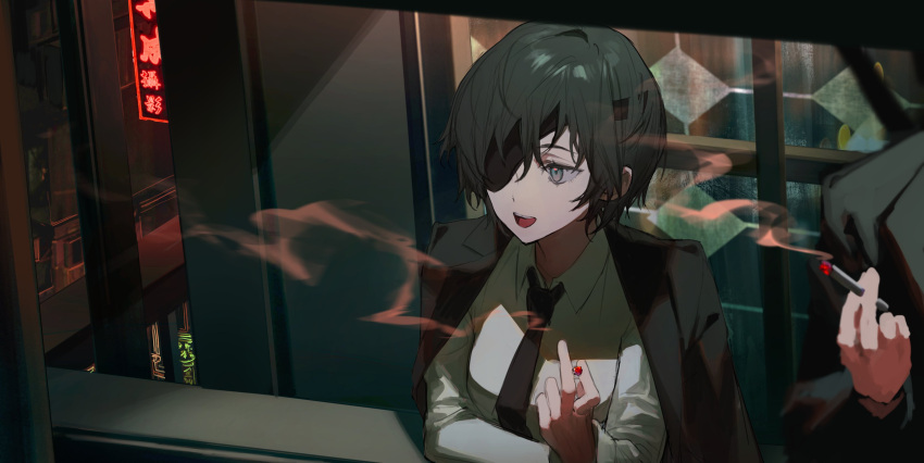 1girl, absurdres, black_hair, black_jacket, black_necktie, breasts, chainsaw_man, cigarette